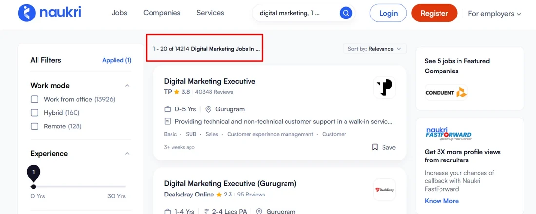 14,214 digital marketing jobs shown on Naukri results page.