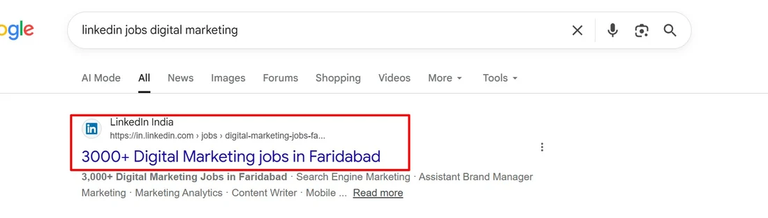 3,000+ digital marketing jobs in Faridabad highlighted in search.