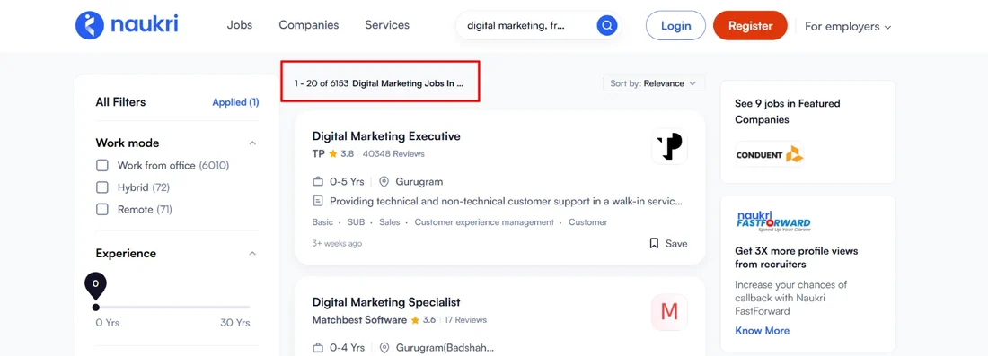 6,153 digital marketing jobs shown on Naukri search results.