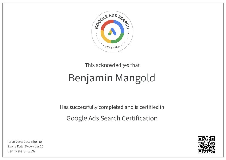 Google Ads Search Certification certificate example