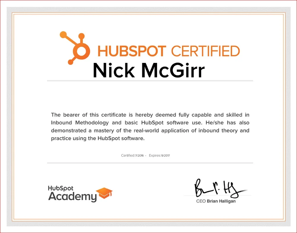 HubSpot Academy certification certificate example